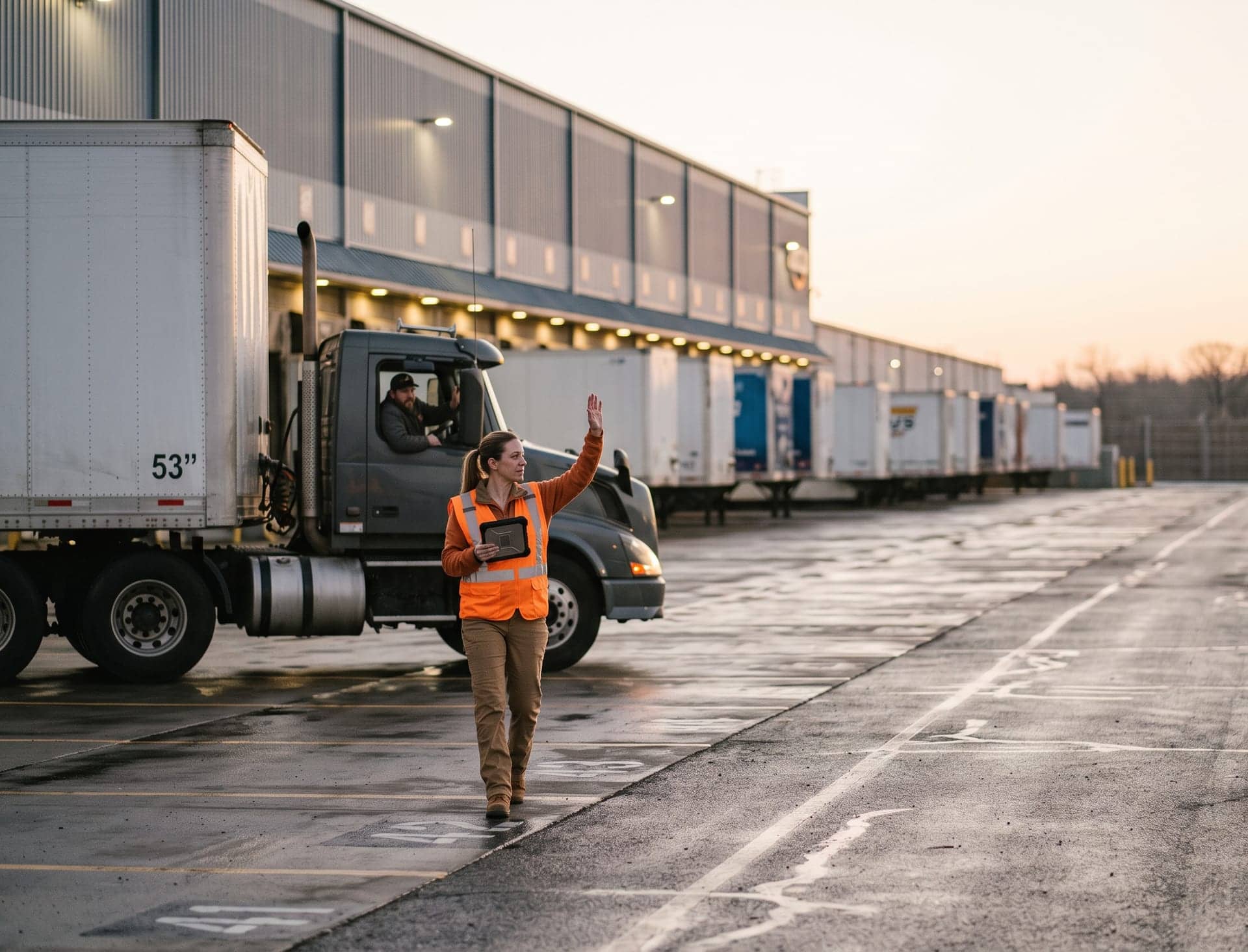 A logistics coordinator with a tablet signals a truck driver at a distribution center's loading dock, trailers lined up along the dock doors