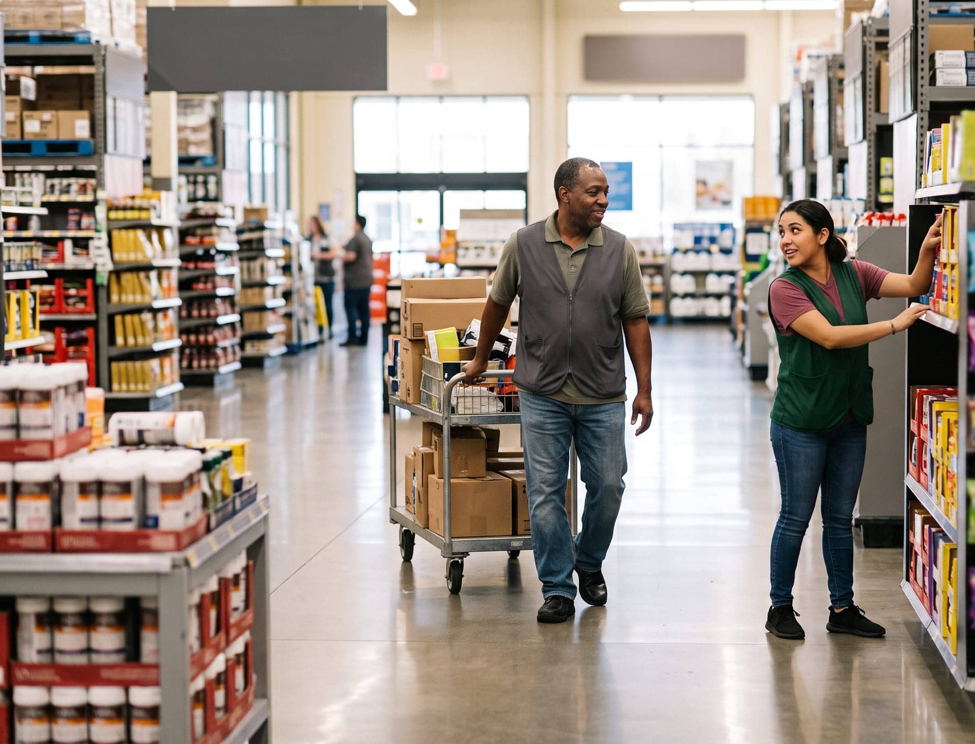 Two retail associates moving a cart of stock down an aisle while restocking shelves